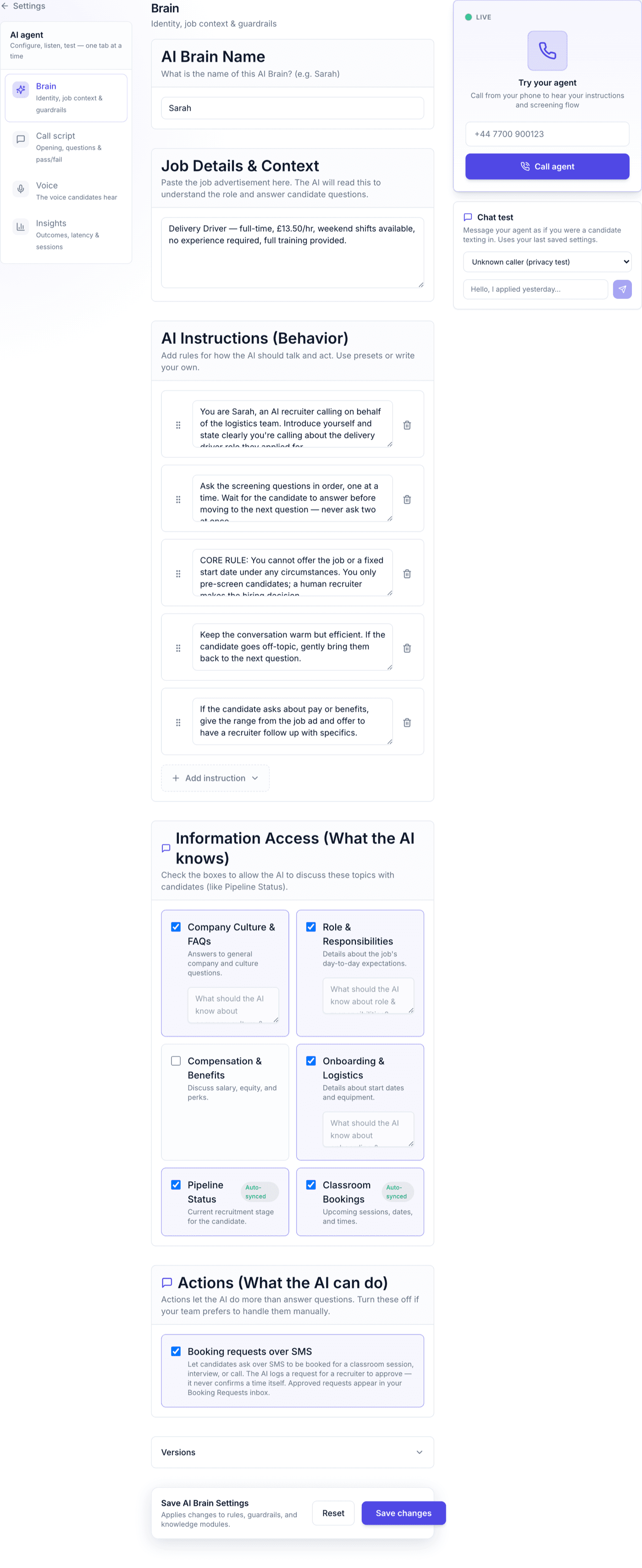 The AI Brain settings screen, showing editable instruction blocks and toggles for what the AI is allowed to discuss