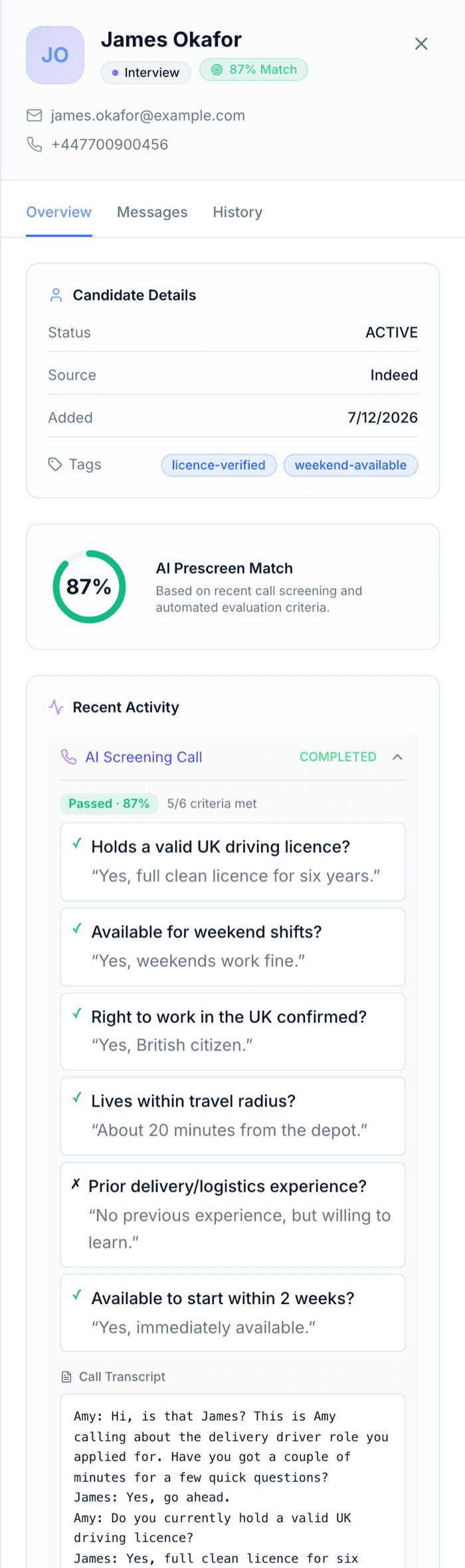 A candidate profile showing an 87% AI prescreen match and a question-by-question pass/fail breakdown from the screening call