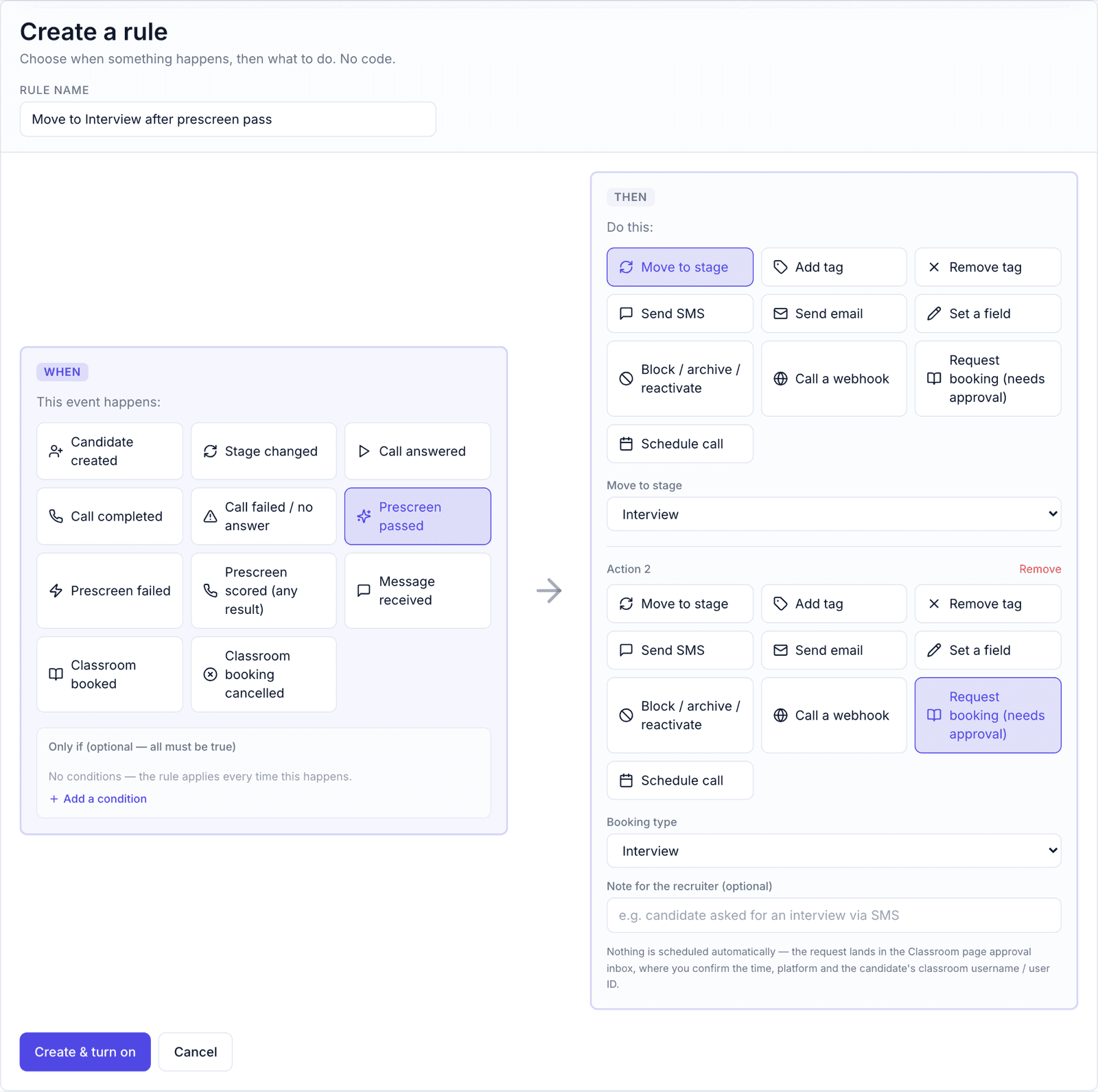 The real Onboarda rules builder, showing a Prescreen passed trigger set to move a candidate to Interview and request a booking